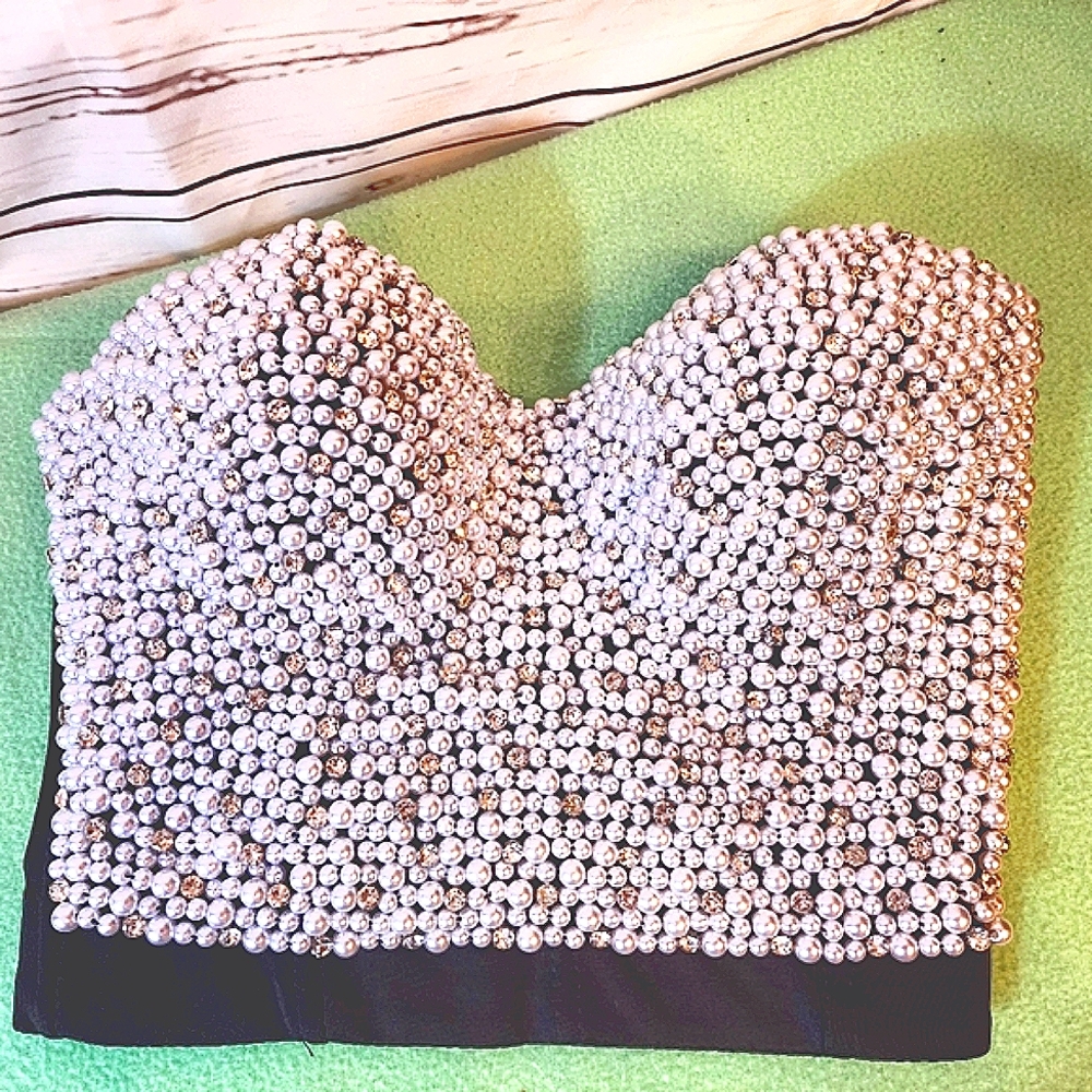 Hot Halter Top Rhinestones Pearls PARTY TOP